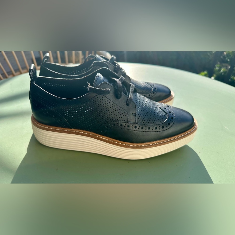 Cole Haan Black Perforated Leather Platform Oxfords with White Sole